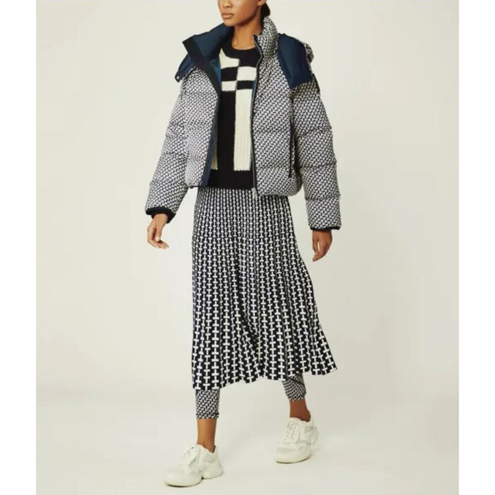 Tory Burch Sport Tech Jacquard Knit Pleated T Logo Midi Skirt Navy White M $328